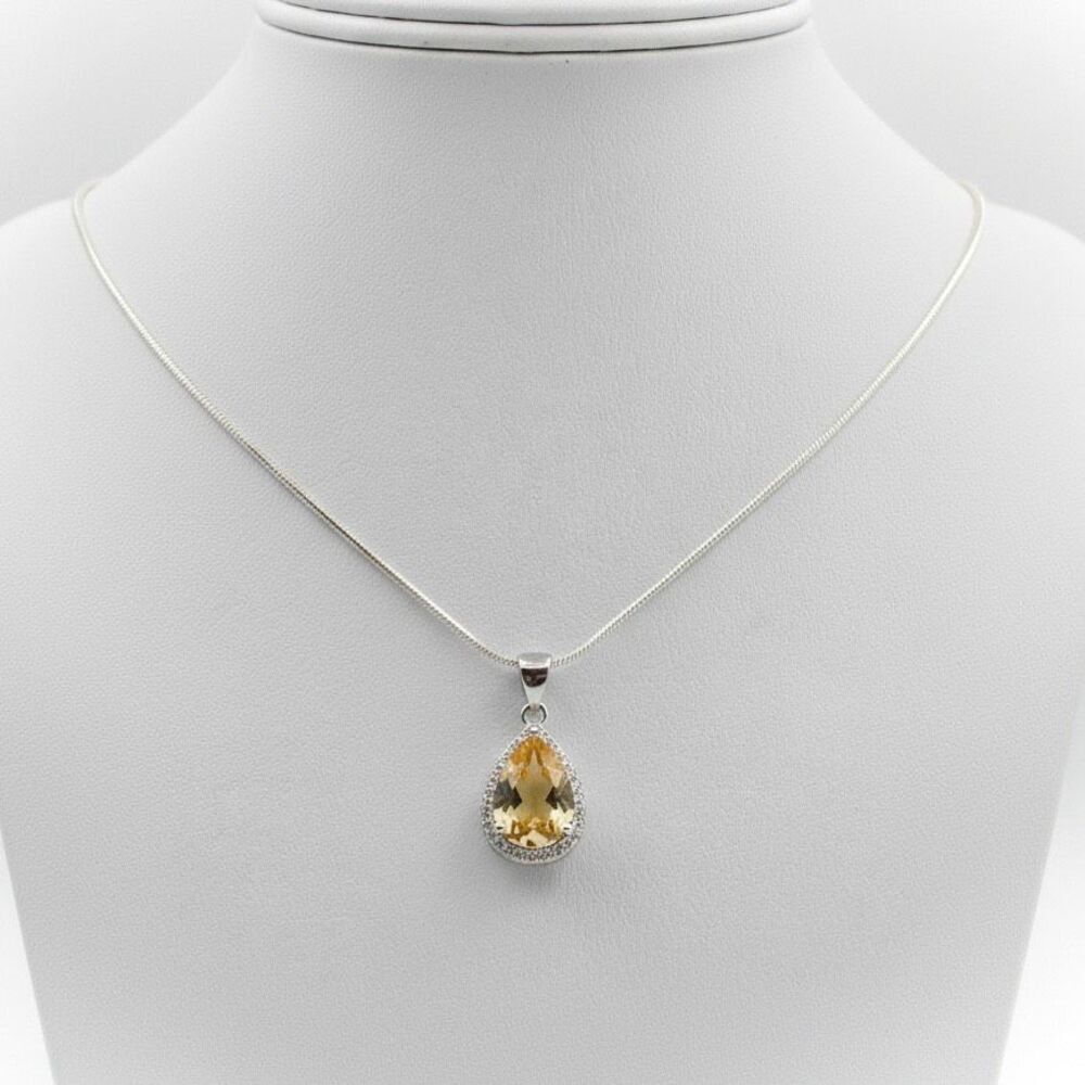 Genuine Citrine & White Topaz Teardrop Pendant Necklace 925 Sterling Silver New